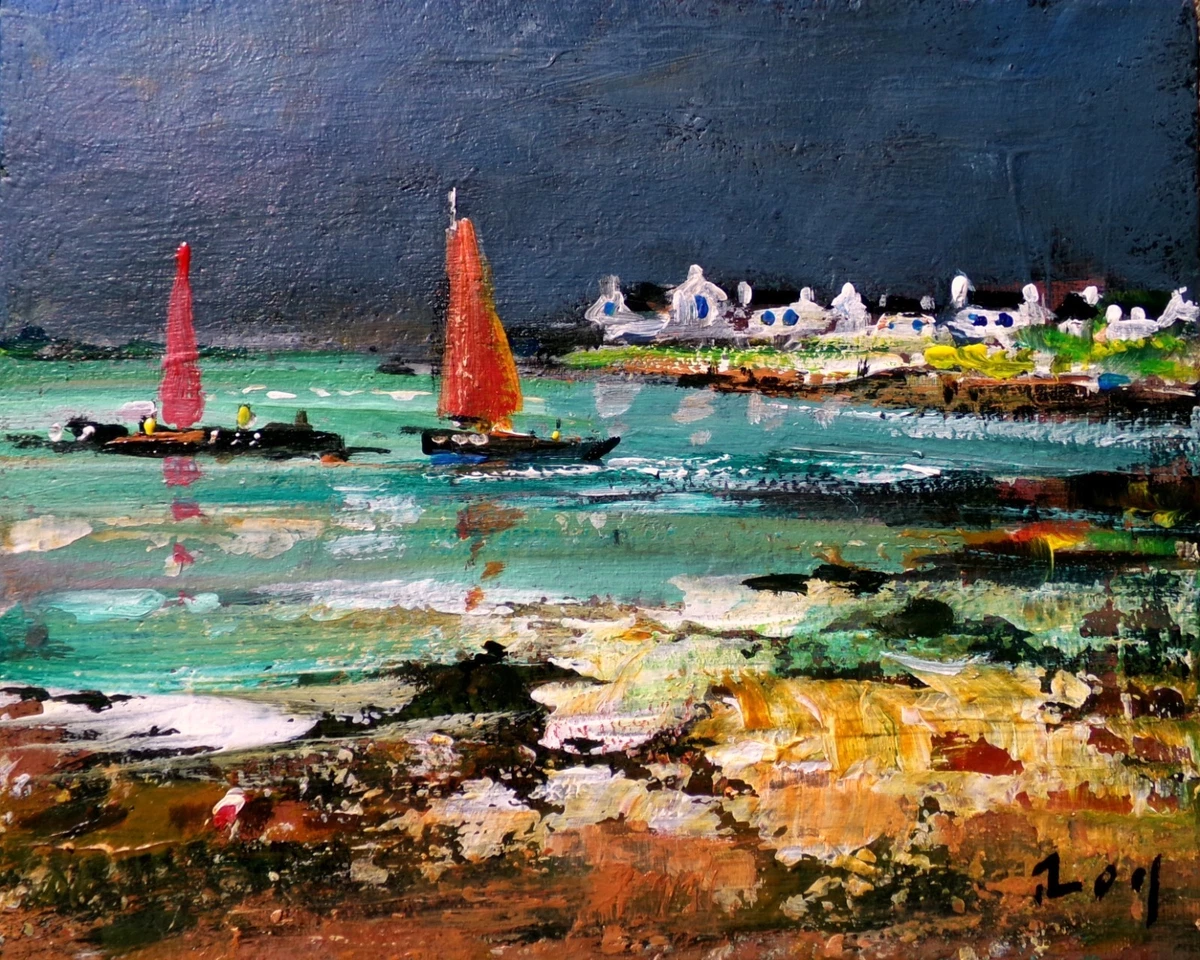 Aquarelle Originale Mer Pêcheurs Bretons – Joseph CARRËR (1891-1971) – Tableau Vintage