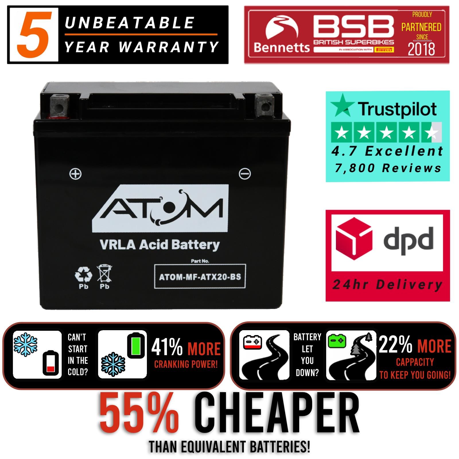 YTX20-BS - Atom AGM Battery 20Ah 320CCA Harley Davidson XL 1200 C Custom 96
