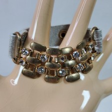 Hippie Bracelet Wrap Gold Tone Rhinestone Faux Leather Snap 9 Inch Adj NOS