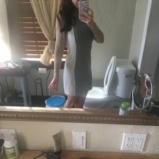 Chic Grey Midi Dress with Beige Sleeves