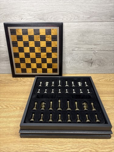 Inlaid Burl Wood Chess Board Game Set with Metal Chess Pieces - Picture 2 of 7