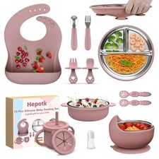 13 PCS Silicone Baby Feeding Set Stainless Steel Suction Plates Bowls Fork