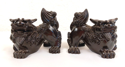 Pair Vintage Carved Black Resin or Iron Wood Japanese Foo Lion Dogs Figurines 3''