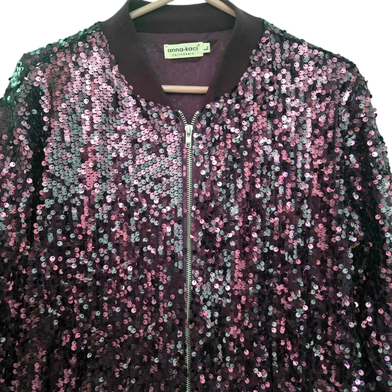 Anna-Kaci Womens Sequin Bomber Jacket Plum Purple Sparkle Shine Y90316 Size L