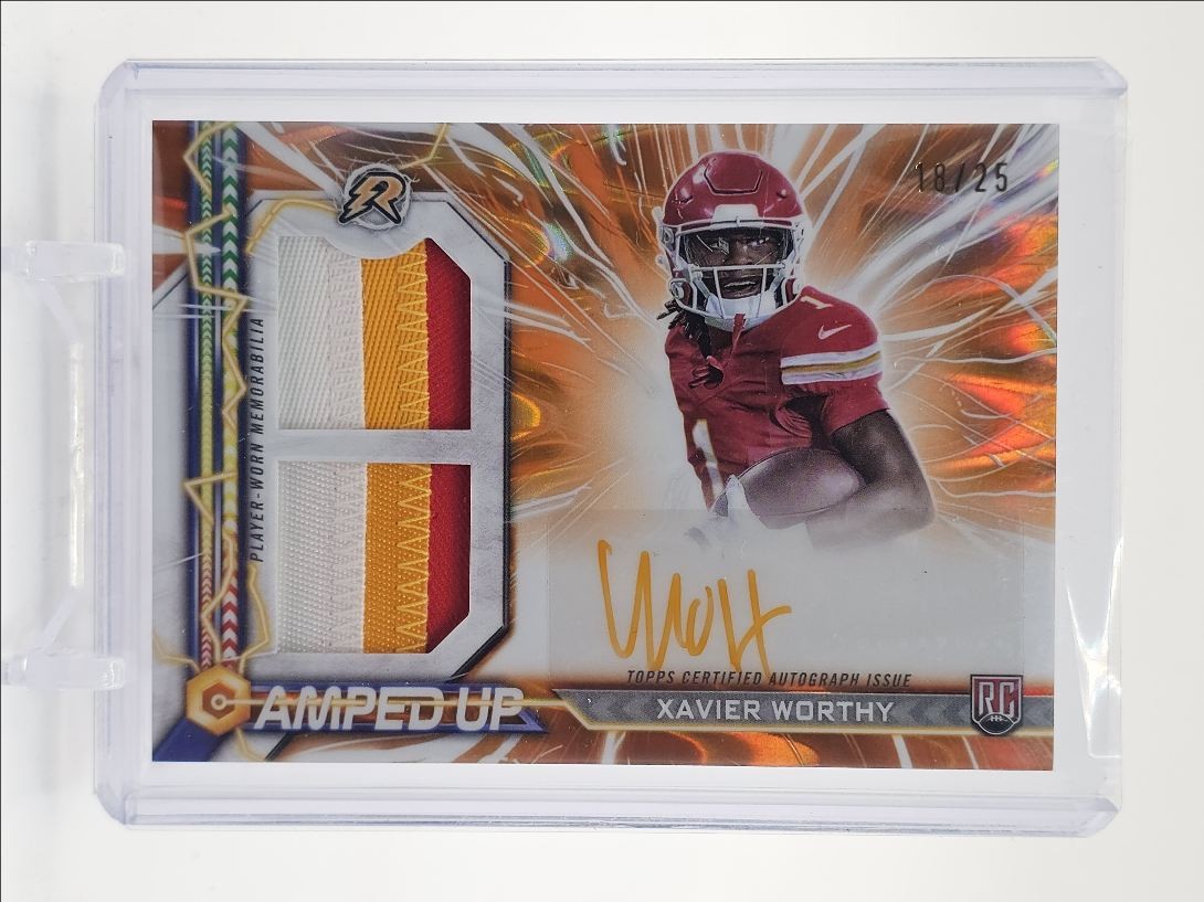 Xavier Worthy Topps Resurgence Amped Up Rookie Patch Autographs #AUXW Orange Power Surge