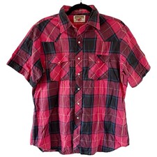 Authentic Western Youngbloods Shirt Mens Large Red Black Plaid Pearl Snap Rodeo