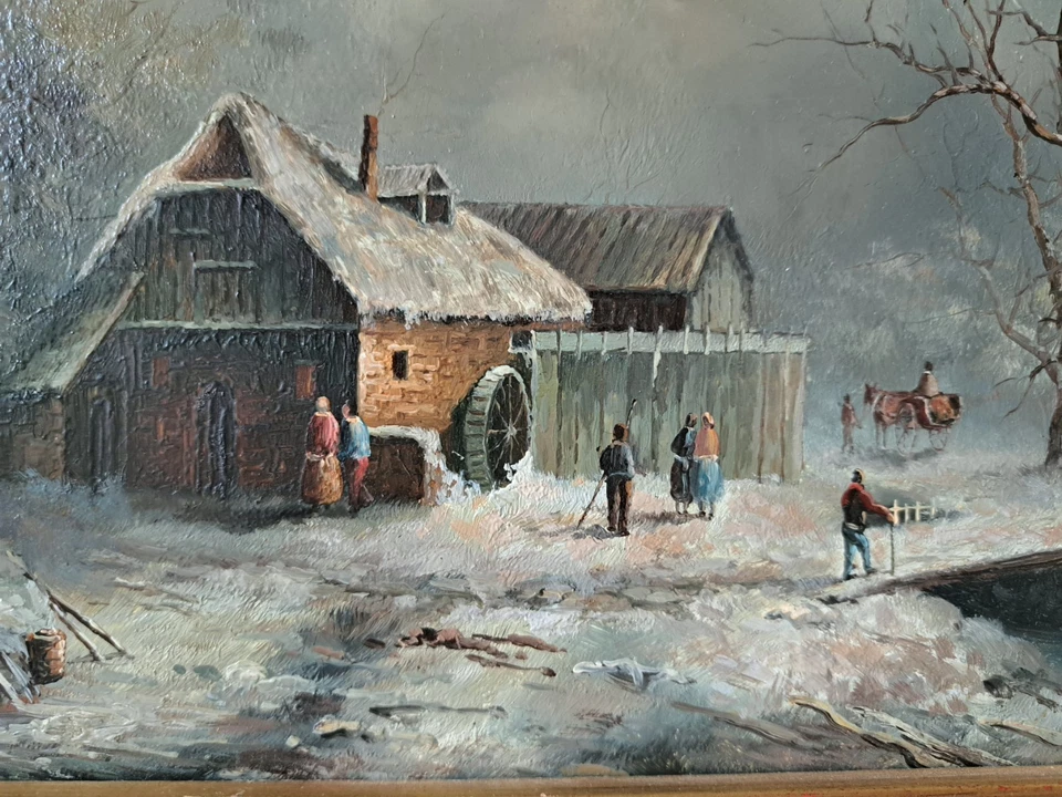 Ölgemälde Winterlandschaft Wassermühle Hof sign. Breuer Barockrahmen Holzplatte - Bild 4 von 4