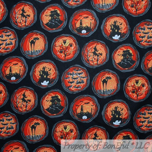 BonEful FABRIC FQ Cotton Quilt Black Cat White Haunted House Tree Bat Orange Dot - Picture 1 of 12