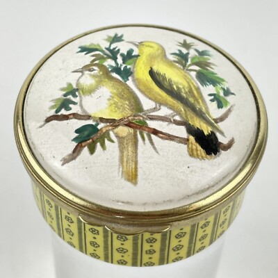 Vintage Halcyon Days runde Vögel Emaille Schmuckschatulle 6 cm