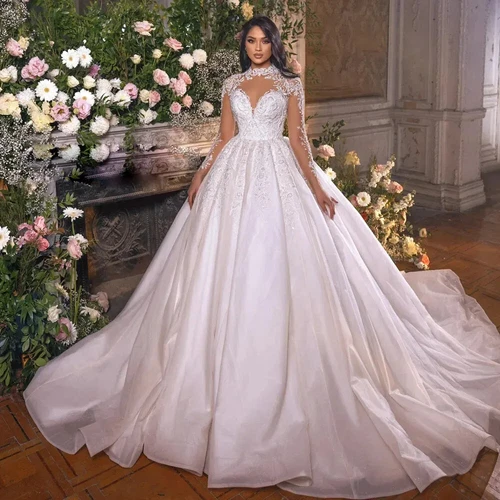Princess Royal Ball Gown Wedding Dresses 2025High Neck Long Sleeves Bridal Gowns - Picture 2 of 10