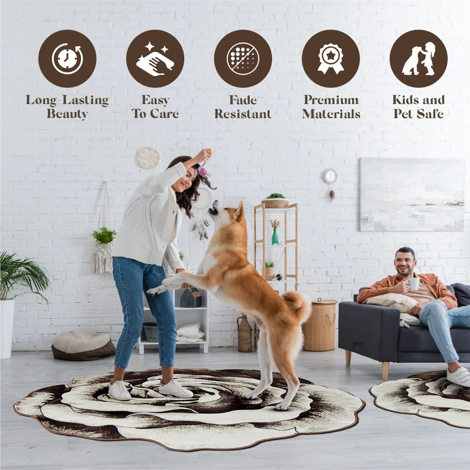 Alfombra Gruesa Flores Talladas a Mano Floral Rosa Novedad 304 6.6x6.6 Redonda Marrón Beige Foto 3 de 4