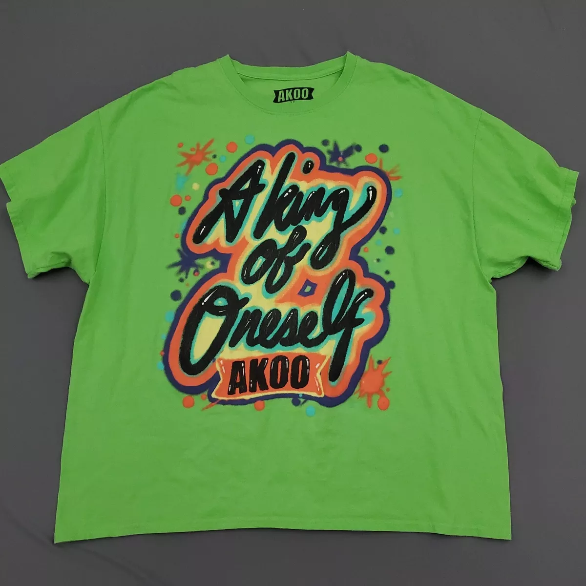 AKOO Shirt Mens 3XL XXXL Short Sleeve A king of Oneself Spell Out Graffiti Green