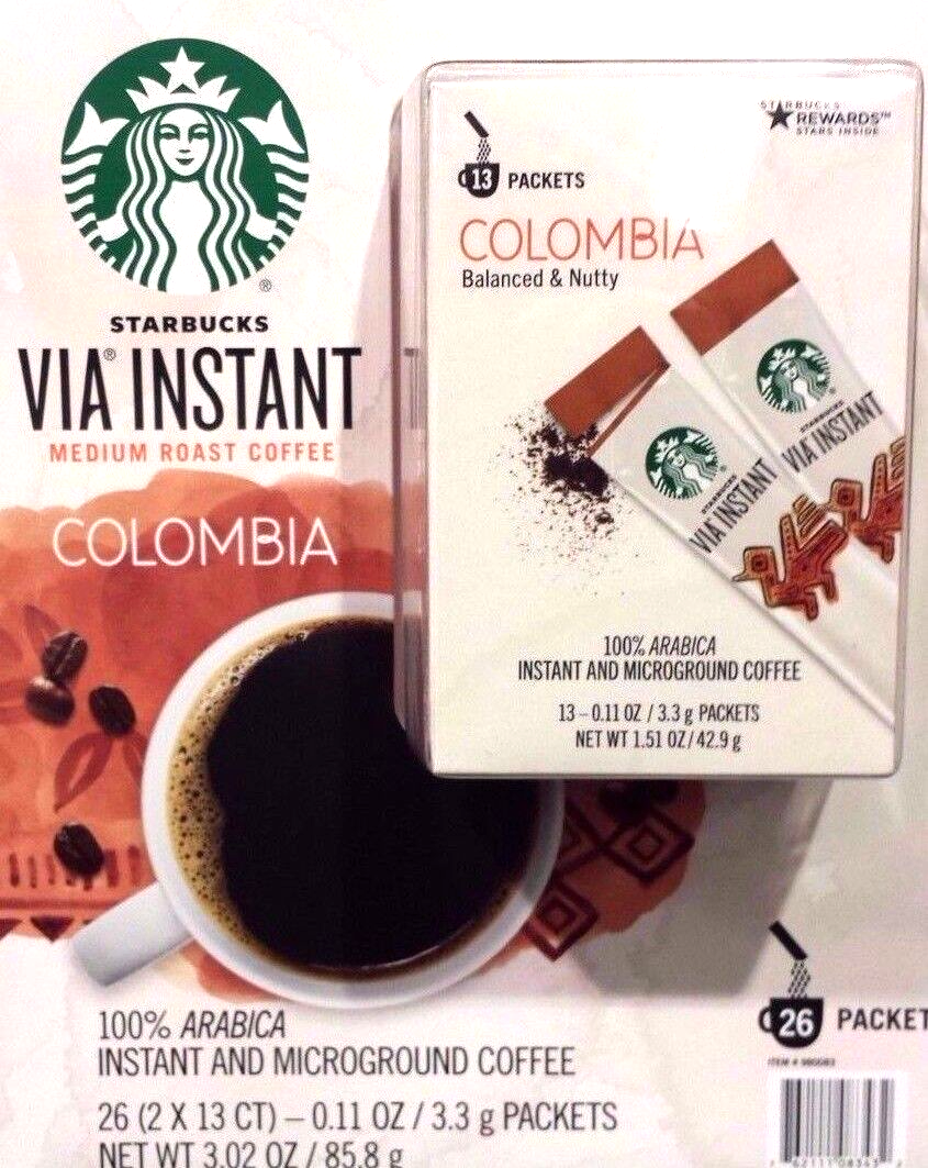 20 BOXES=260 PACKS STARBUCKS VIA INSTANT COFFEE MED ROAST COLUMBIA