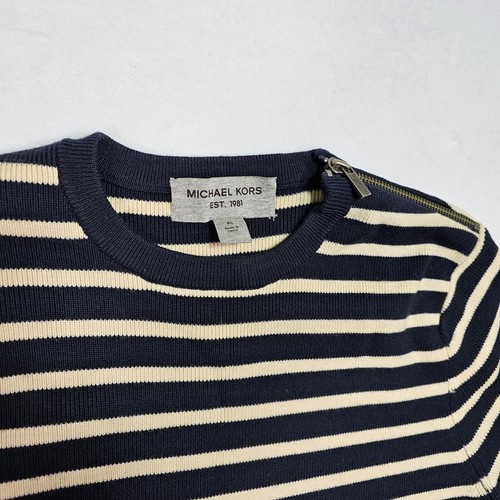 Michael Kors Sweater Womens XL Merino Wool Stripe Zip Cold Shoulder Nautical - Picture 2 of 12