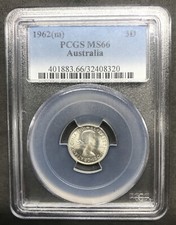 AUSTRALIAN 1962 M THREEPENCE GRADED PCGS MS66