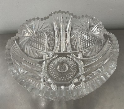 Heart & Fan Brilliant Cut Glass Bowl H C Fry ? 8 x3.75  Sawtooth Edge Imperfect