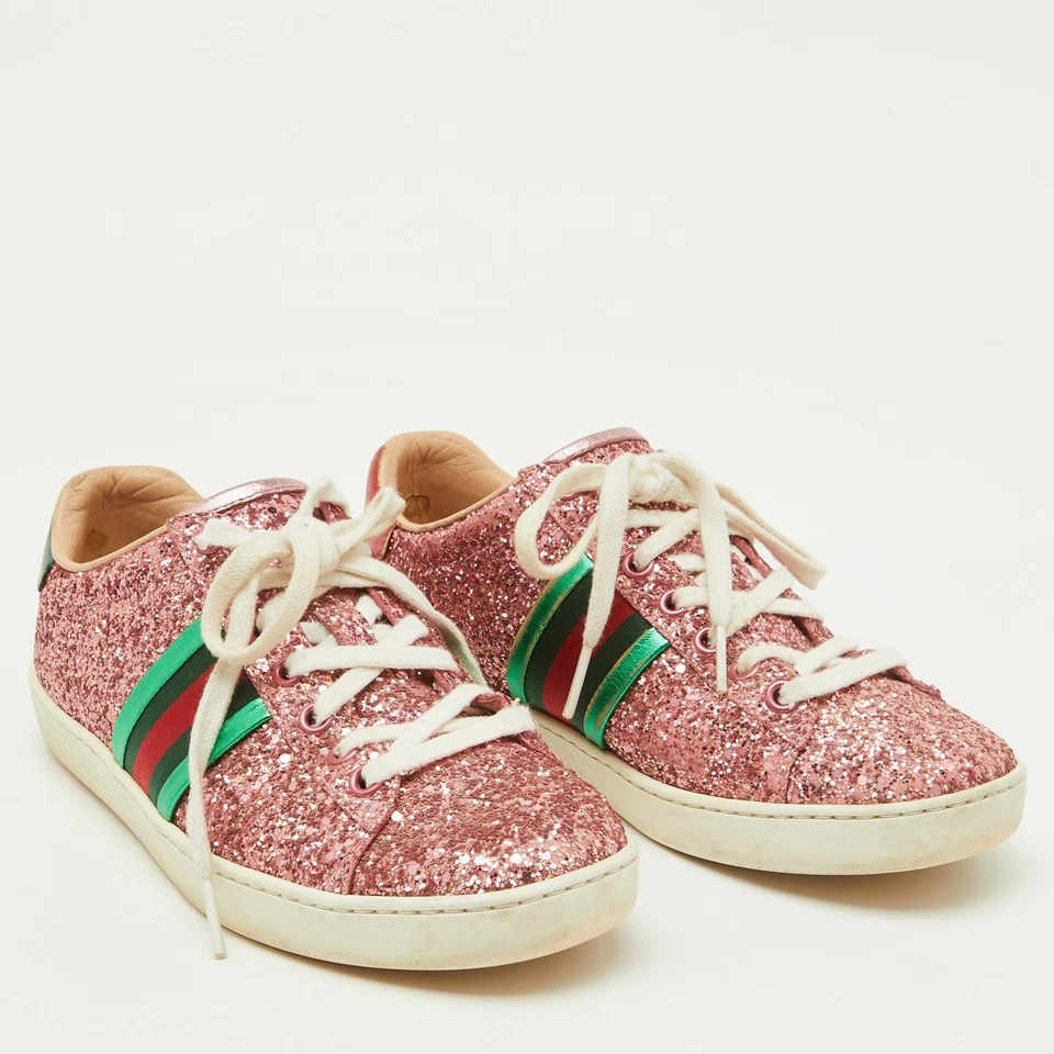 Tênis Gucci rosa glitter e couro detalhe de teia ás cano baixo tamanho 36 - Imagem 4 de 4