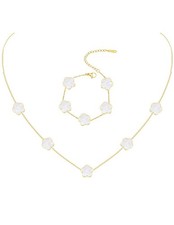 Gold Plated Stainless Steel Flower Bracelet and Necklace Jewelry Set for Women
