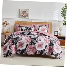 3pcs Floral Comforter Set Twin, Pink Flowers on Twin- 68"x88" Floral Black