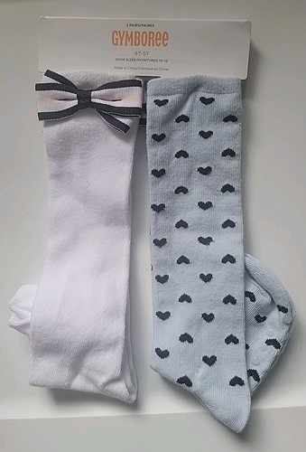 Girls Toddler Knee Socks White Bow/Blue Heart 2 Pack 4T-5T US, New
