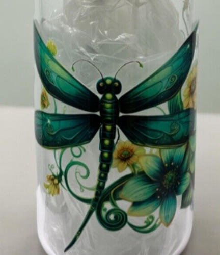 Green Dragonflies 16 oz Glass Can, Iced Coffee Smoothie Beer Cup, Lid and Straw - Picture 8 of 9