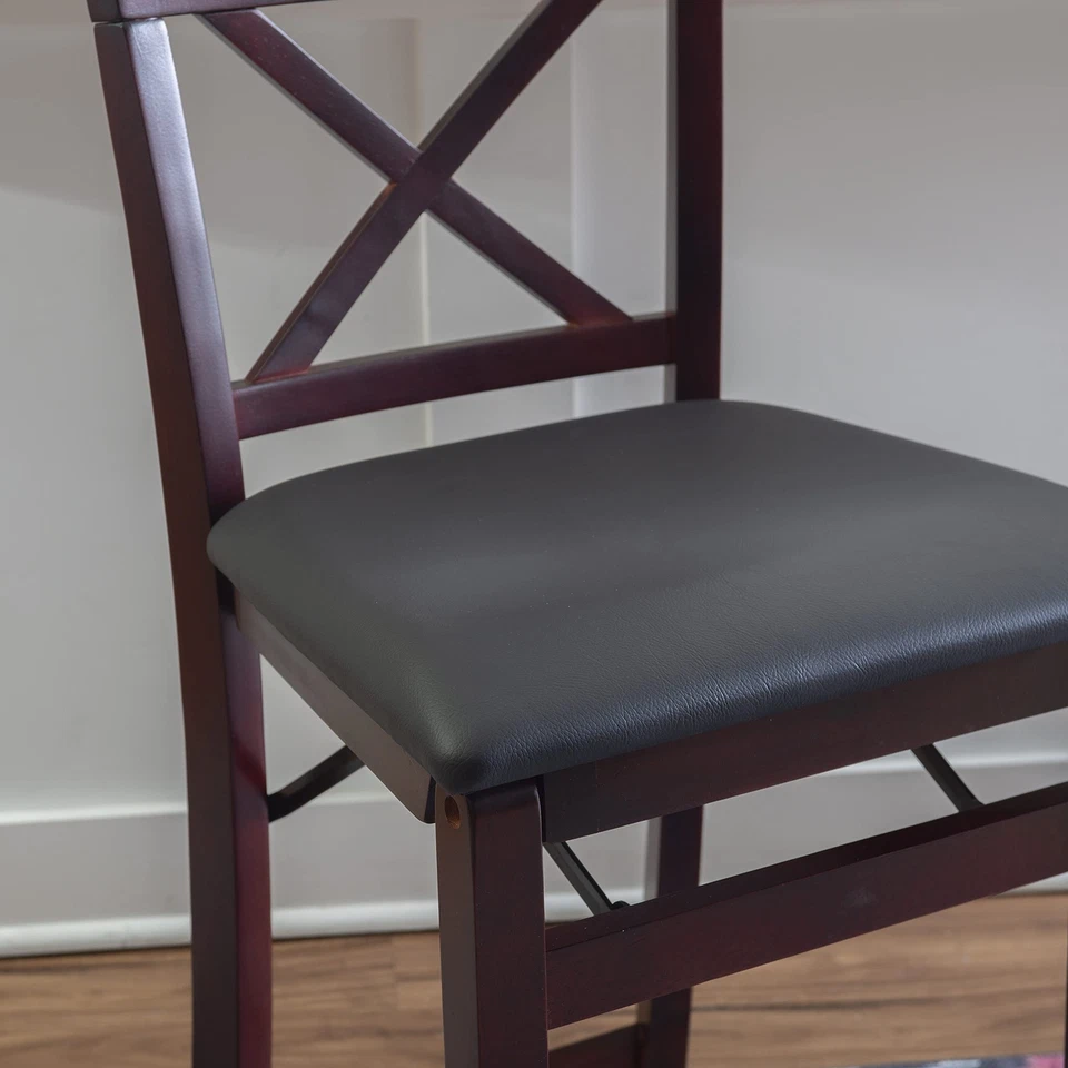 Merlot Brown Folding Counter Stool with X Back and Padded Faux Leather Seat - Image 2 of 4