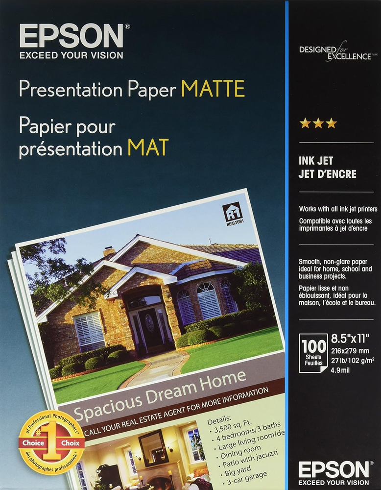 Premium Matte Presentation Paper 8.5x11 Inches 100 Sheets White S041062