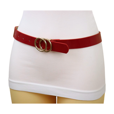 Women Red Faux Patent Leather Skinny Fashion Belt Gold Metal