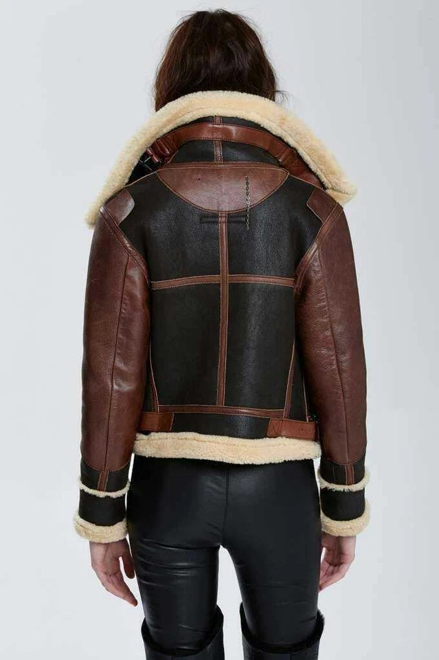 Chaqueta de bombardero para mujer B3 RAF - Abrigo de aviador de cuero real de piel de oveja negro Foto 4 de 4