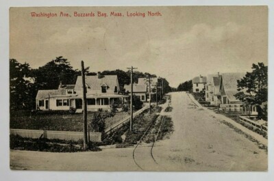 1912 MA Postcard Cape Cod Buzzards Bay Washington Ave Looking North tracks house