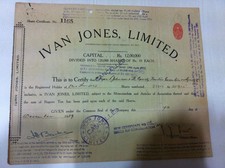 Seltenes Ivan Jones Ltd Stock Cancelled Share Certificate Red Emboss Rev 1939