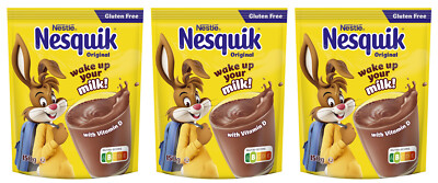 3 NESQUIK Instant Cocoa Drink Powder Bags with Vitamin D Gluten Free 150g 5.3oz