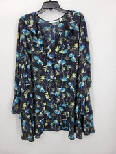 Sejour Top Womens Plus 20W Blue Floral Ruffle Sleeve Flowy Popover Boho Blouse