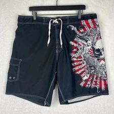 Joe Boxer Graphic Board Shorts Mens Large Black Red Bermuda Skull Graphic Trunks