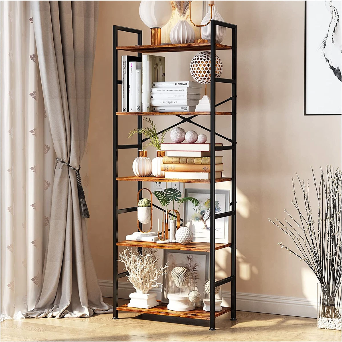 Tall wood and metal bookcase deals
