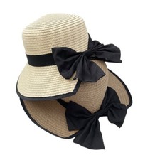 Women Wide Brim Sunhat Summer Straw Hat Black Edging Bowknot Beach Cap XB24338