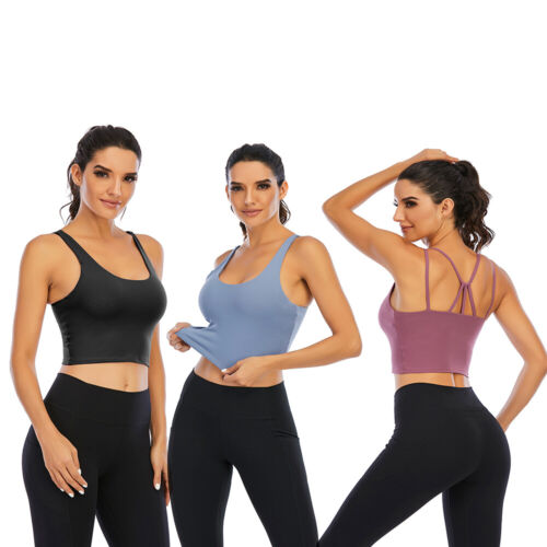 Women Strappy Sports Bra Padded Yoga Medium Support Impact Gym Workout Tank Top - Picture 4 of 18