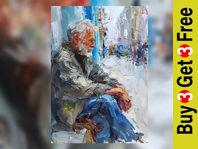 Älterer Mann sitzend 5''x7'' Druck auf mattem Papier | Kühnes urbanes Ölporträt Kunstwerk