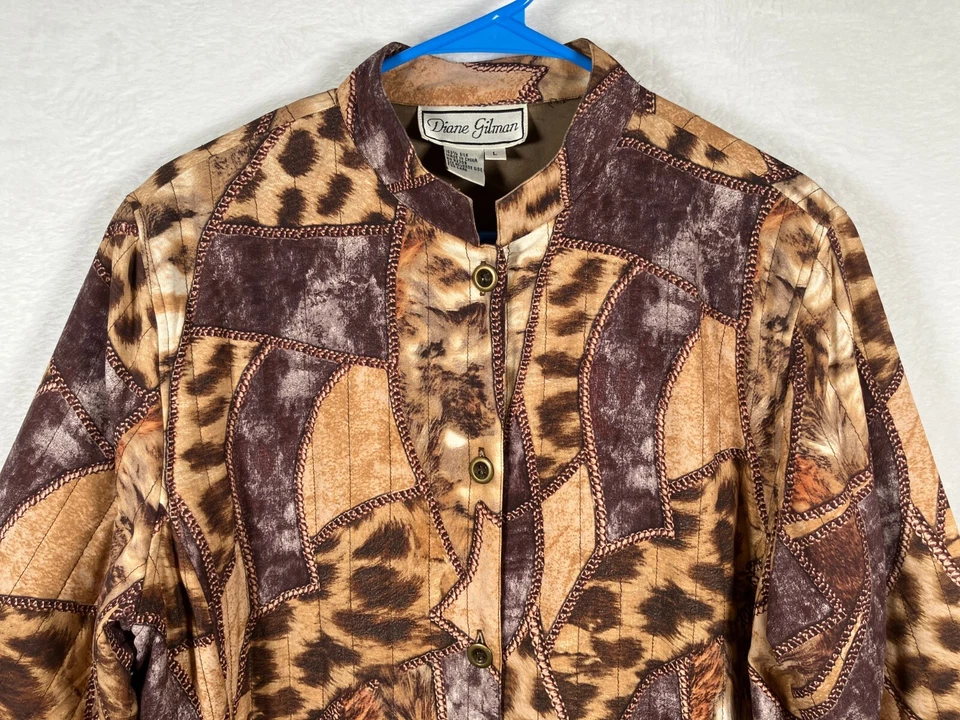 Abrigo para mujer Diane Gilman 100 % seda talla grande marrón retazos occidentales abotonados Foto 2 de 4