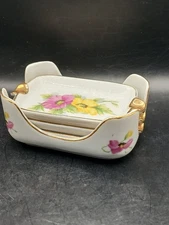 Vintage Porcelain Individual Ashtray Set Pink Yellow Flowers Made In Japan 4 set