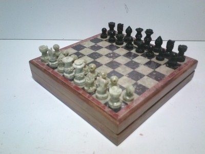 Vintage Stone Chess Players Travel Case, Folding Inlaid Stone Board