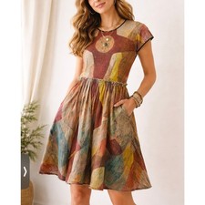 Making the Cut Abstract Artsy Crinkle Textured Short Sleeve Fit Flare Dress L