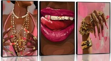 3Pcs Pink Fashion Black Girl Canvas Wall Art African Vogue Black Girl Poster ...