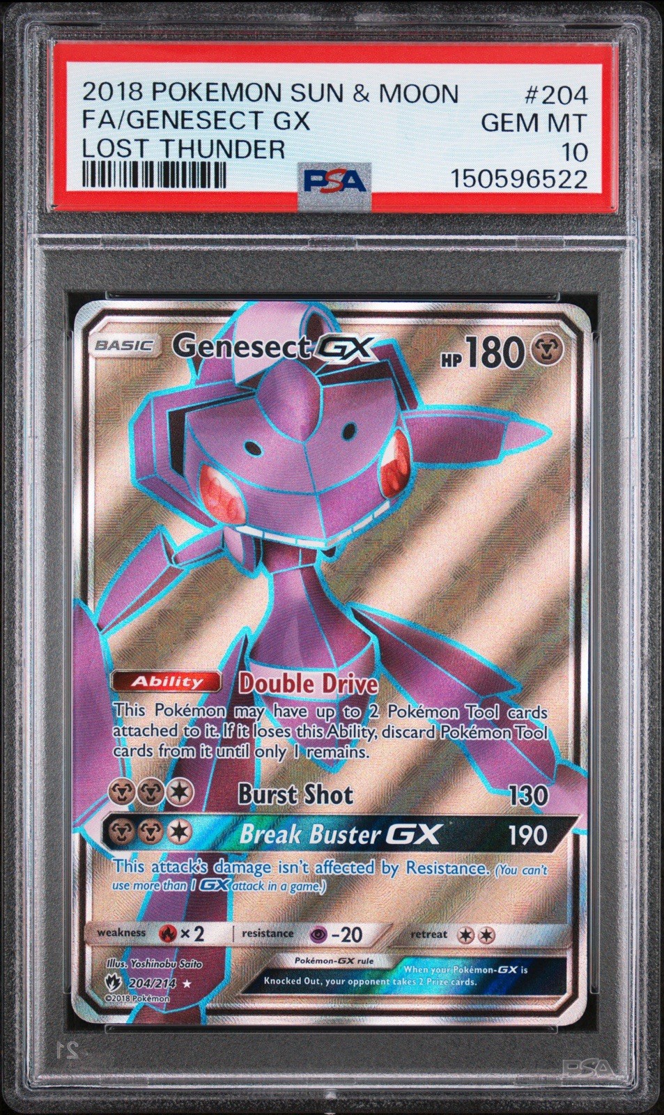 2018 POKEMON SUN & MOON LOST THUNDER #204 FULL ART/GENESECT GX PSA 10