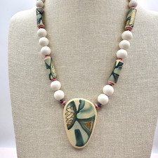 Vintage 90s Ceramic Pendant Necklace Hand Painted Pastel Abstract Art Jewelry