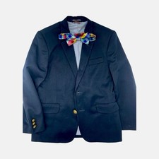 Tommy Hilfiger Boys Navy Sport Coat Suit Jacket  Plaid Bow Tie Size 7 EUC 