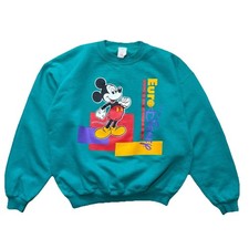 Vintage 80s Mickey Mouse Euro Disney Sweatshirt Youth 14 Teal Crewneck Rare Exc