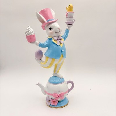 Easter Bunny Figurine Balancing Teapot Cupcake Chick Yellow Egg Spring Decor