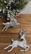 Silver Glitter Flying Jumping Reindeer Deer Christmas Ornament Set/2 EXCELLENT