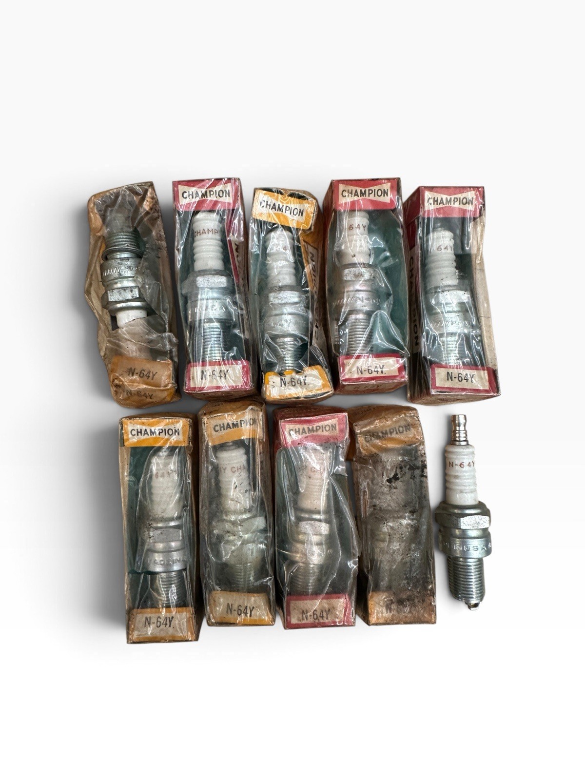 10 NOS Vintage Champion  N-64Y Spark Plugs In Sealed Pkgs In Original Box